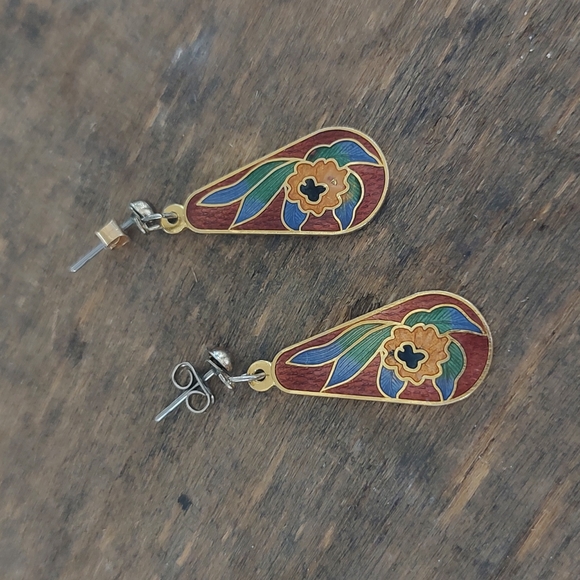Jewelry - Floral Cloisonne Dangle earrings reds blues greens yellow gold tone